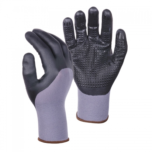15G nylon/spandex shell DexiFoam half coated gloves with dots