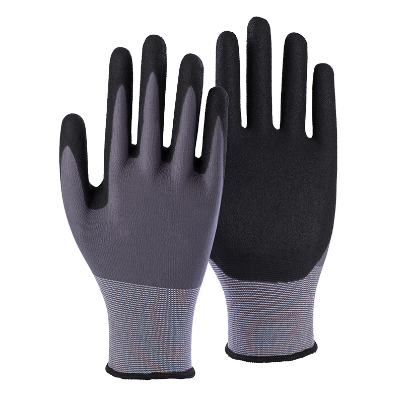 15G nylon/spandex shell nitrile sandy palm coated gloves