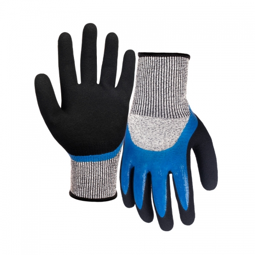 18G cut B/A2 nitrile sandy double palm coated gloves(half/thumb)-Glass Fibre