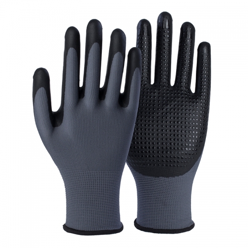 15G polyester/spandex shell DexiFoam palm coated gloves with dots